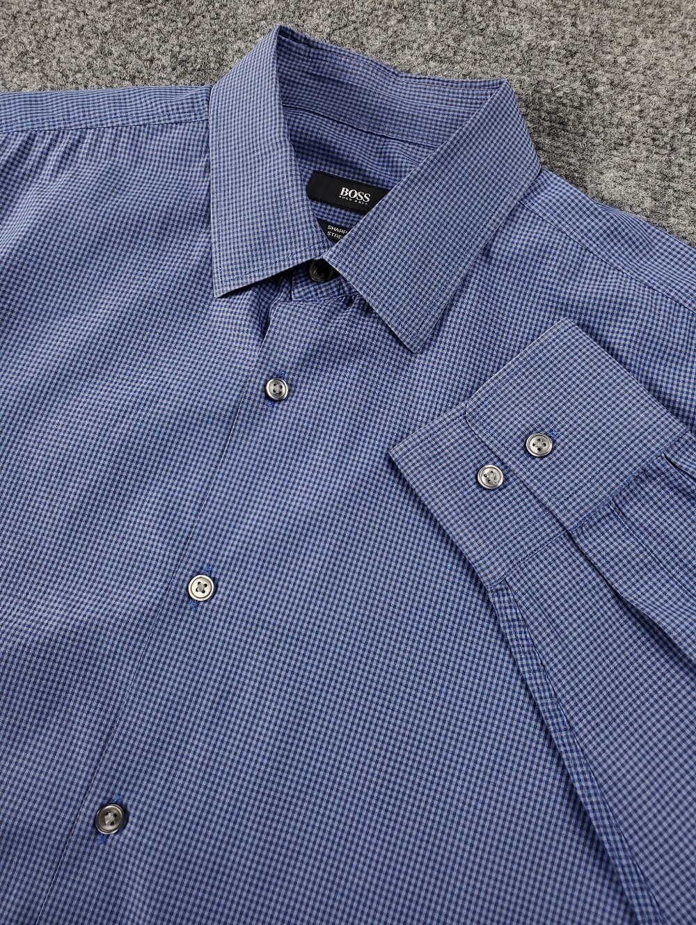 Hugo Boss Sharp Fit Dress Shirt 16 32/33 Stretch Gingham Micro Check Marlow Blue
